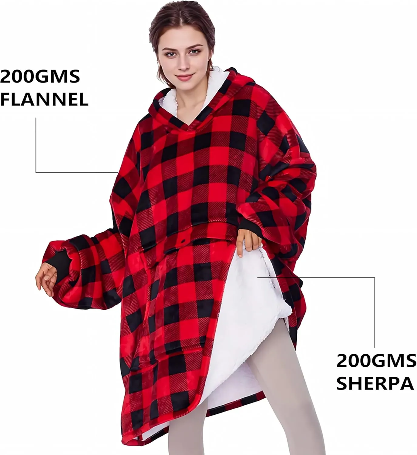 Solaris Oversized Wearable Blanket Hoodie with Pet Pocket, Warm Super Soft Cozy Sherpa Sweatshirt Hoodie for Women Men, Best Gift for Your Loves, Red Plaid