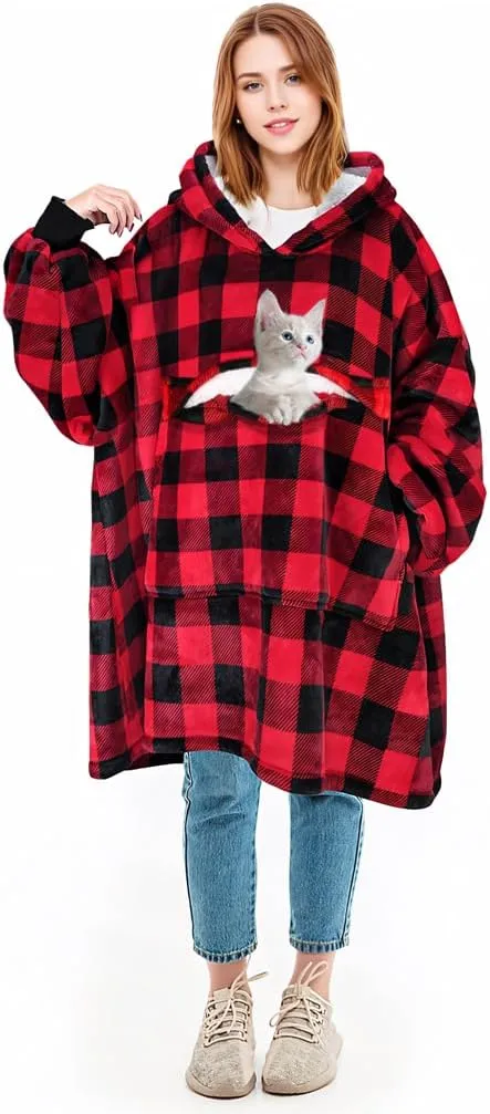 Solaris Oversized Wearable Blanket Hoodie with Pet Pocket, Warm Super Soft Cozy Sherpa Sweatshirt Hoodie for Women Men, Best Gift for Your Loves, Red Plaid