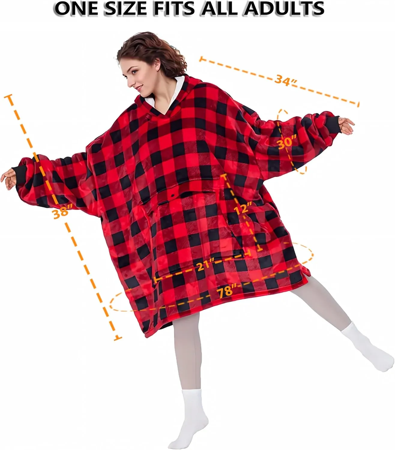 Solaris Oversized Wearable Blanket Hoodie with Pet Pocket, Warm Super Soft Cozy Sherpa Sweatshirt Hoodie for Women Men, Best Gift for Your Loves, Red Plaid