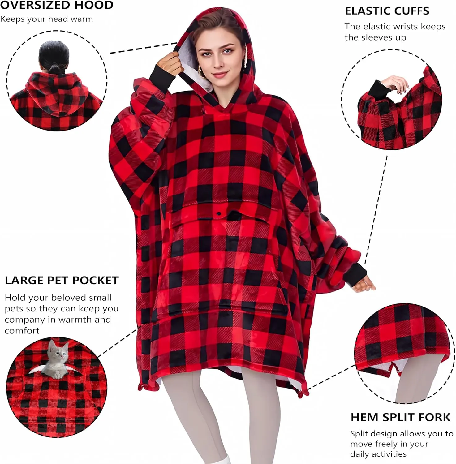 Solaris Oversized Wearable Blanket Hoodie with Pet Pocket, Warm Super Soft Cozy Sherpa Sweatshirt Hoodie for Women Men, Best Gift for Your Loves, Red Plaid