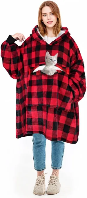 Solaris Oversized Wearable Blanket Hoodie with Pet Pocket, Warm Super Soft Cozy Sherpa Sweatshirt Hoodie for Women Men, Best Gift for Your Loves, Red Plaid