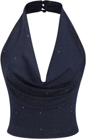 SOLY HUX Women's Halter Top Sparkly Sexy Backless Party Crop Tops Club Rave Festival Outfits Black