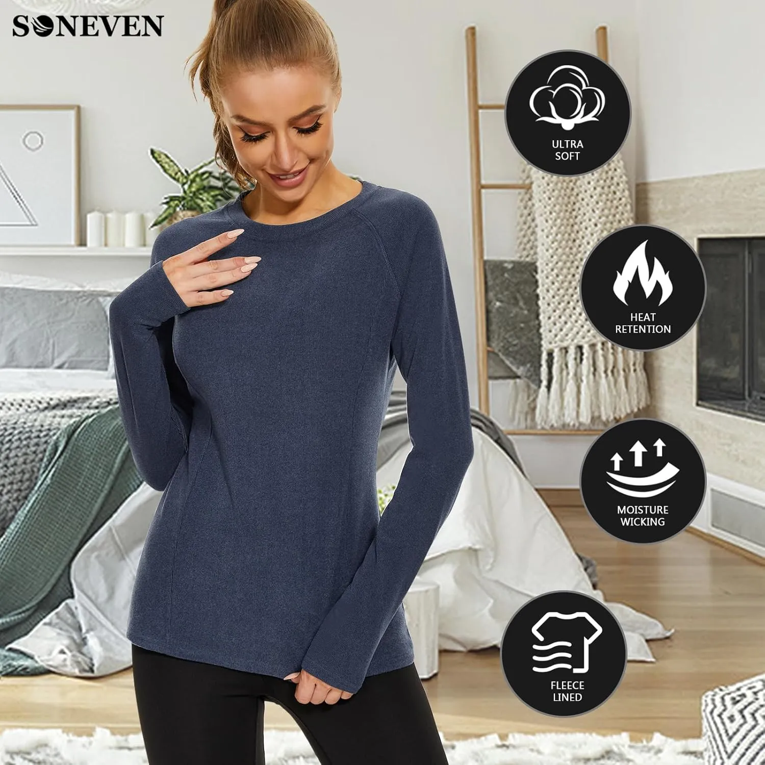 Soneven Thermal Shirts for Women Base Layer Ultra Soft Fleece Lined Underwear for Winter Cold Weather