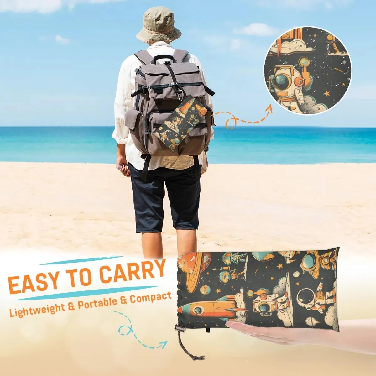 Space Astronaut Beach Blanket, Sandproof Beach Mat, 68 x 59 Waterproof Quick Drying Sand Free Mat with 4 x Ground Spikes for Outdoor Travel Camping Hiking, Outer Space Theme