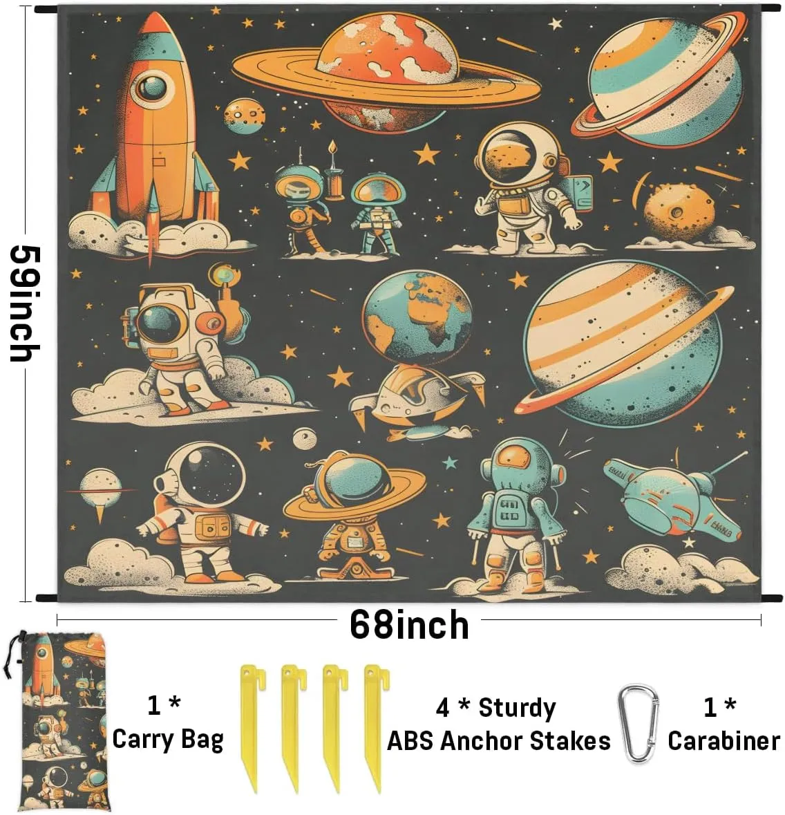 Space Astronaut Beach Blanket, Sandproof Beach Mat, 68 x 59 Waterproof Quick Drying Sand Free Mat with 4 x Ground Spikes for Outdoor Travel Camping Hiking, Outer Space Theme