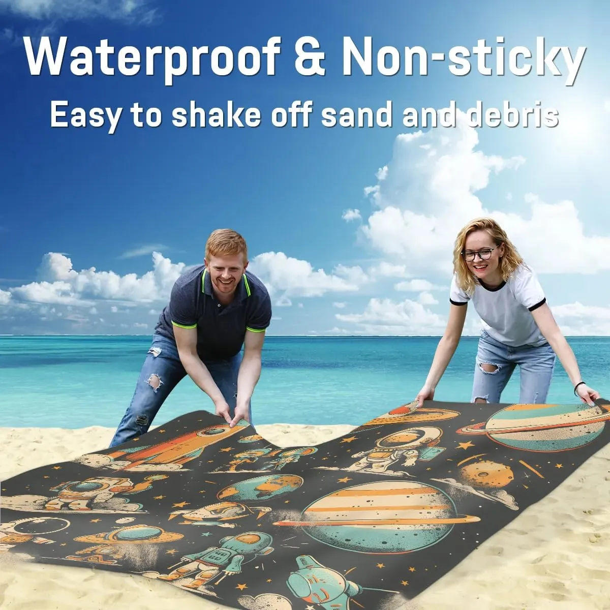 Space Astronaut Beach Blanket, Sandproof Beach Mat, 68 x 59 Waterproof Quick Drying Sand Free Mat with 4 x Ground Spikes for Outdoor Travel Camping Hiking, Outer Space Theme