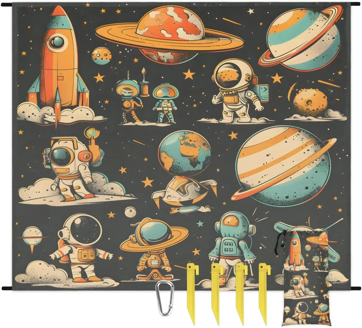 Space Astronaut Beach Blanket, Sandproof Beach Mat, 68 x 59 Waterproof Quick Drying Sand Free Mat with 4 x Ground Spikes for Outdoor Travel Camping Hiking, Outer Space Theme