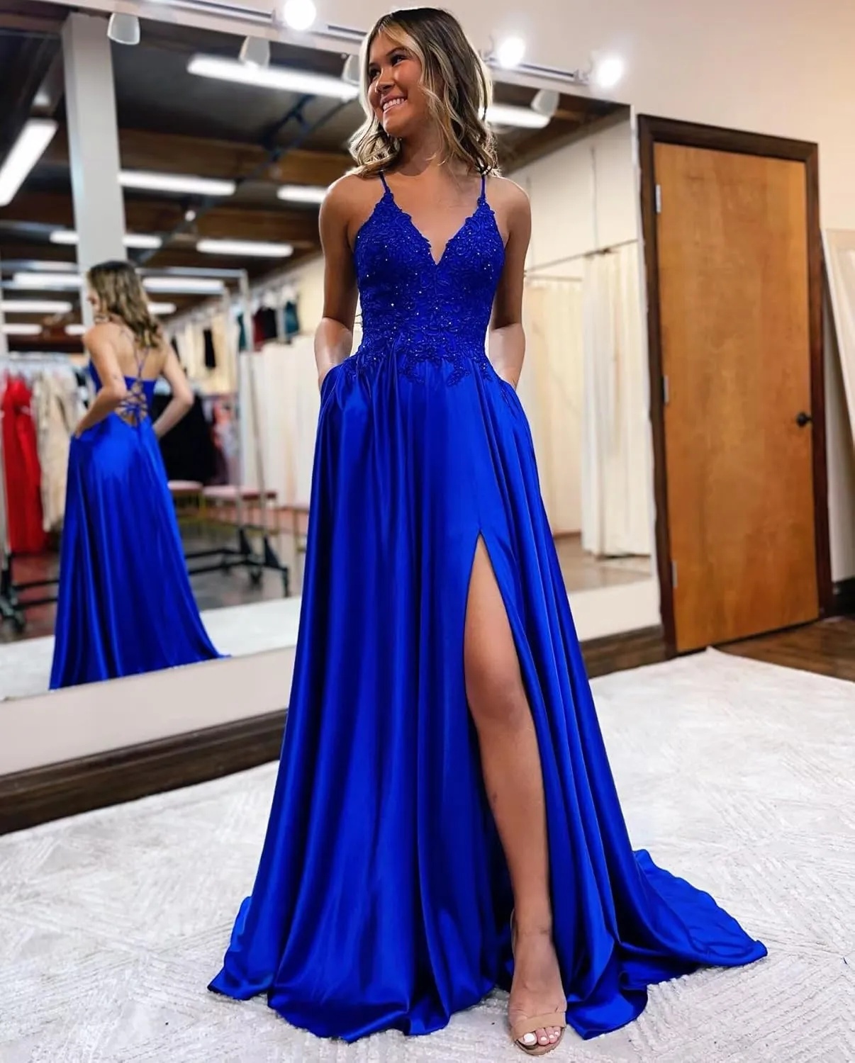 Spaghetti Strap Sequin Applique Prom Dresses with Slit A-Line Long Satin Sparkly Formal Evening Party Gowns
