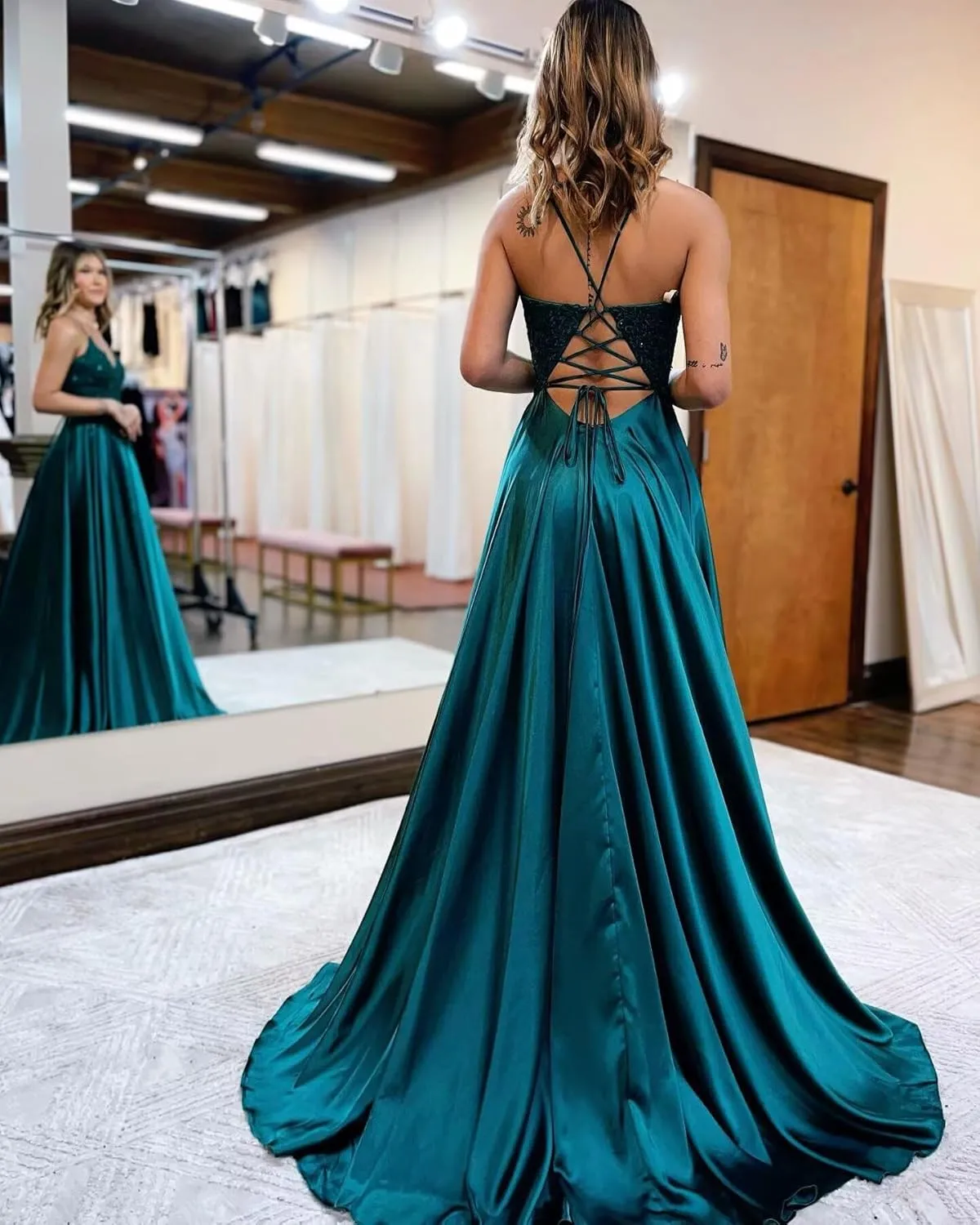 Spaghetti Strap Sequin Applique Prom Dresses with Slit A-Line Long Satin Sparkly Formal Evening Party Gowns