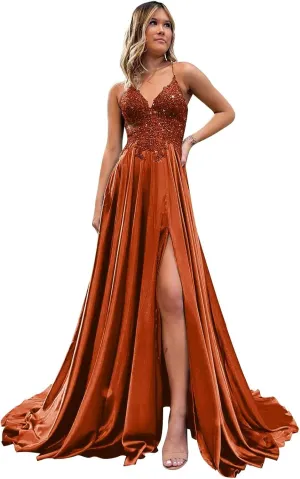 Spaghetti Strap Sequin Applique Prom Dresses with Slit A-Line Long Satin Sparkly Formal Evening Party Gowns