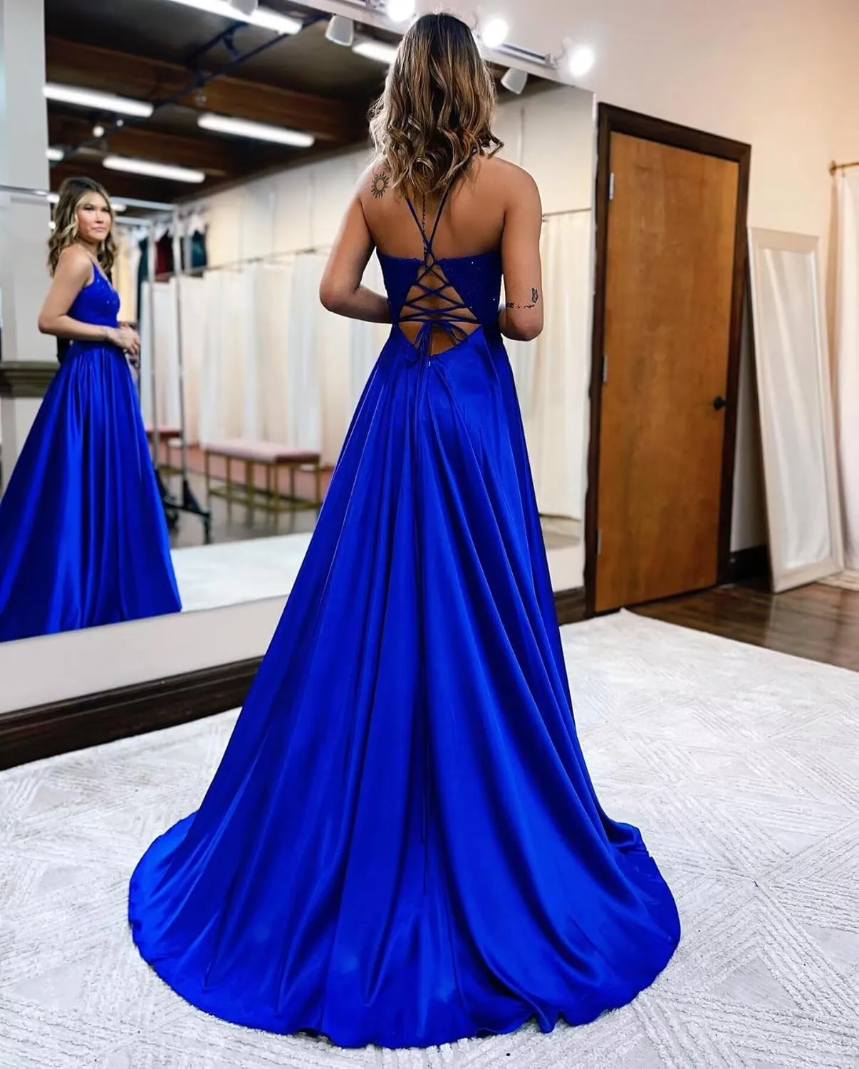Spaghetti Strap Sequin Applique Prom Dresses with Slit A-Line Long Satin Sparkly Formal Evening Party Gowns