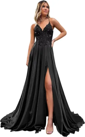 Spaghetti Strap Sequin Applique Prom Dresses with Slit A-Line Long Satin Sparkly Formal Evening Party Gowns