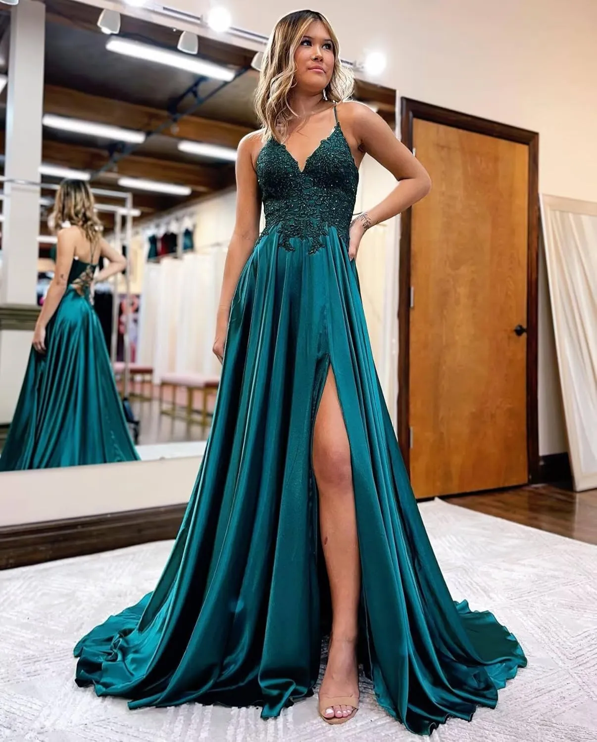 Spaghetti Strap Sequin Applique Prom Dresses with Slit A-Line Long Satin Sparkly Formal Evening Party Gowns