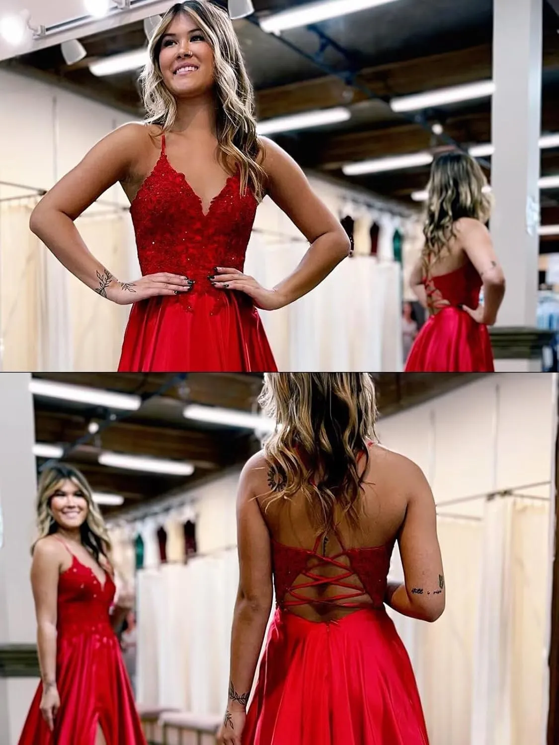 Spaghetti Strap Sequin Applique Prom Dresses with Slit A-Line Long Satin Sparkly Formal Evening Party Gowns