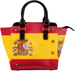 Spain-Flag Pu Leather Crossbody Studded Bag, Fashionable Shoulder Handbag With Detachable Shoulder Strap