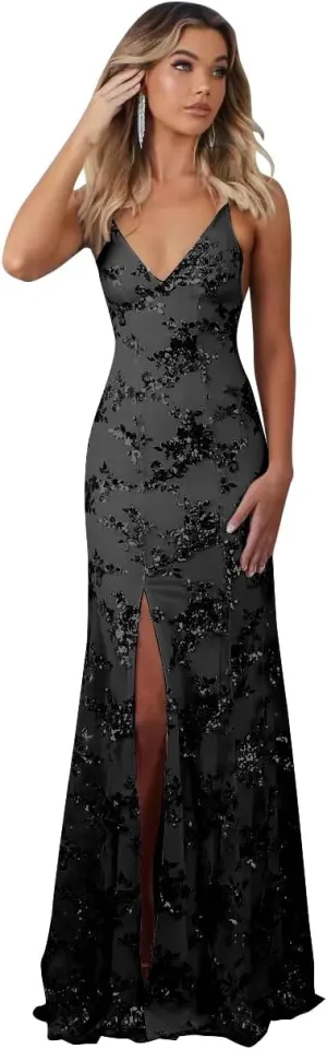 Sparkly Sequin Prom Dresses Long Bodycon Mermaid Formal Dress Evening Party Gowns with Slit