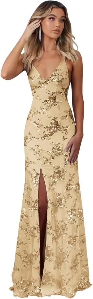 Sparkly Sequin Prom Dresses Long Bodycon Mermaid Formal Dress Evening Party Gowns with Slit