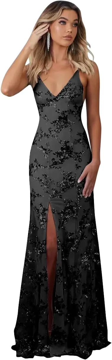 Sparkly Sequin Prom Dresses Long Bodycon Mermaid Formal Dress Evening Party Gowns with Slit