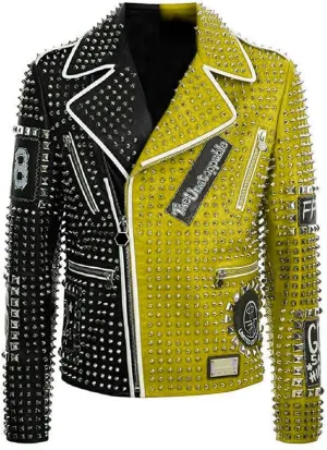 SpazeUp Mens Studded Leather Jacket - Motorcycle Leather Jacket With Spikes - Studded Spiked Leather Jackets Men