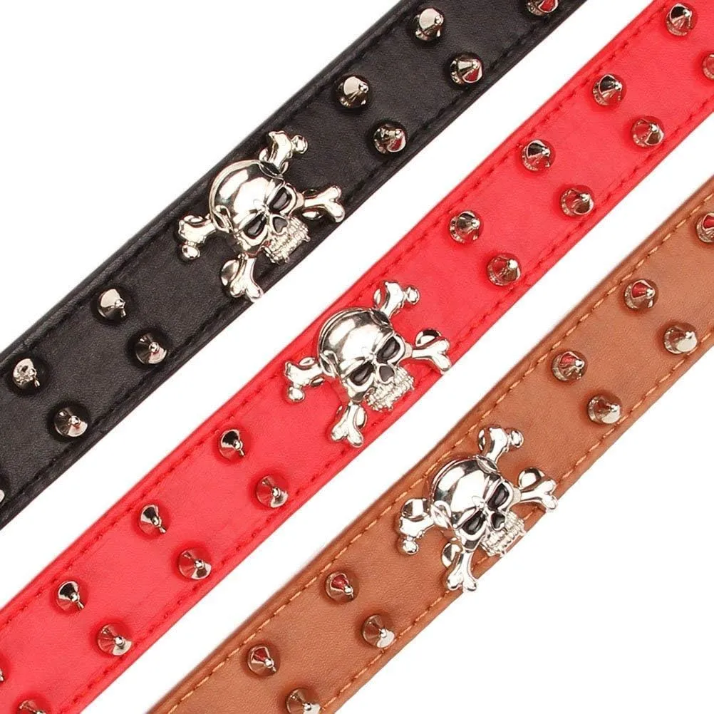 Spiked Leather Dog Collar, 2 Rows Bullet Rivets Studded PU Leather, Cool Skull Pet Collar for Medium and Large Dogs (L, Brown)