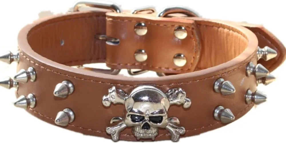 Spiked Leather Dog Collar, 2 Rows Bullet Rivets Studded PU Leather, Cool Skull Pet Collar for Medium and Large Dogs (L, Brown)