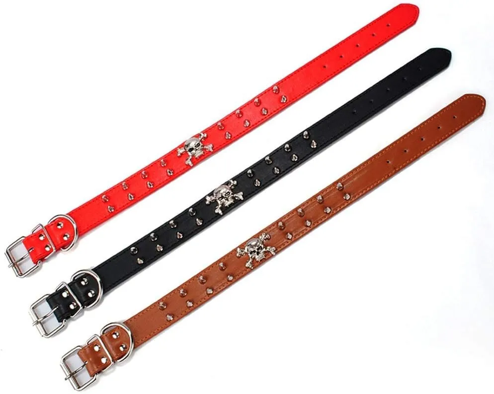 Spiked Leather Dog Collar, 2 Rows Bullet Rivets Studded PU Leather, Cool Skull Pet Collar for Medium and Large Dogs (L, Brown)