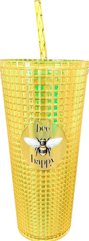Spoontiques - Diamond Tumbler - Textured Cup with Straw - Double Wall Insulated and BPA Free - 20 oz - Bee Diamond Cup
