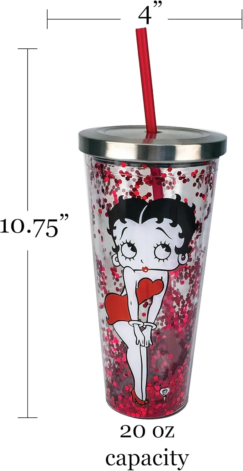 Spoontiques - Glitter Filled Acrylic Tumbler - Glitter Cup with Straw - 20 oz - Stainless Steel Locking Lid with Straw - Double Wall Insulated - BPA Free - Betty Boop