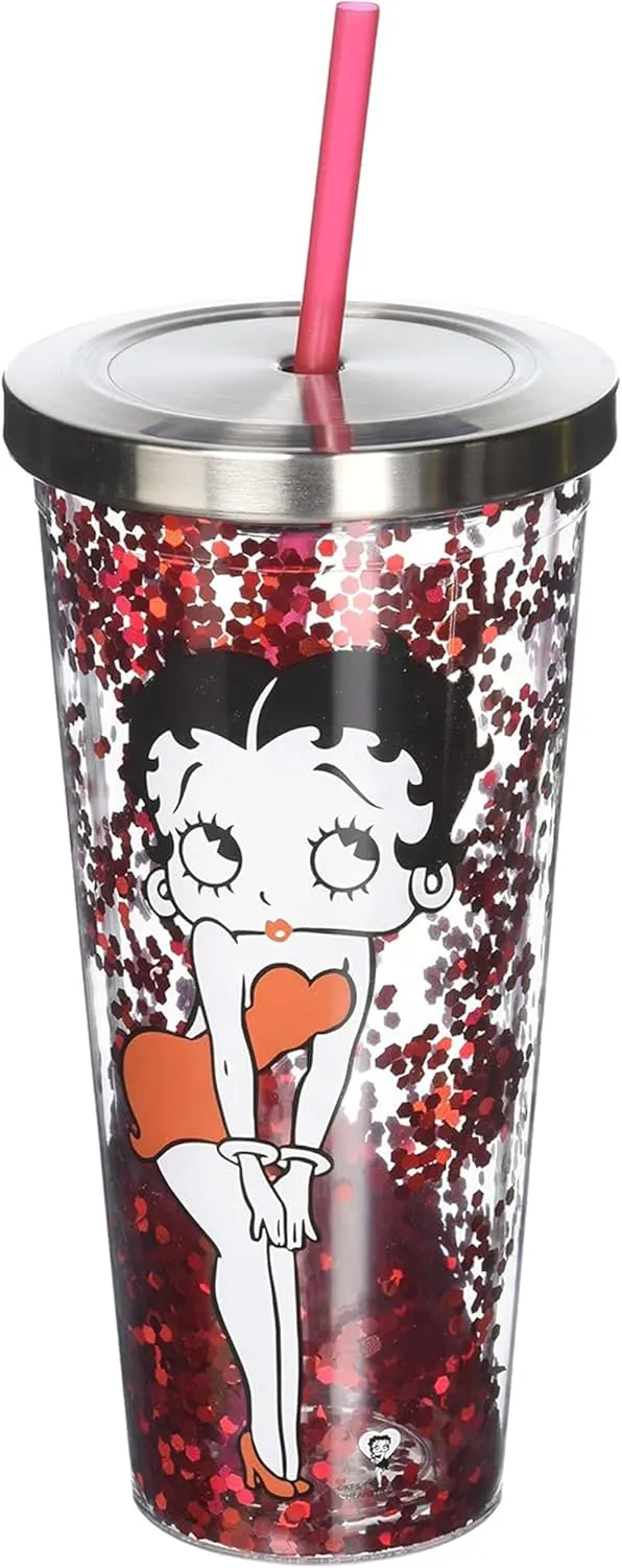 Spoontiques - Glitter Filled Acrylic Tumbler - Glitter Cup with Straw - 20 oz - Stainless Steel Locking Lid with Straw - Double Wall Insulated - BPA Free - Betty Boop