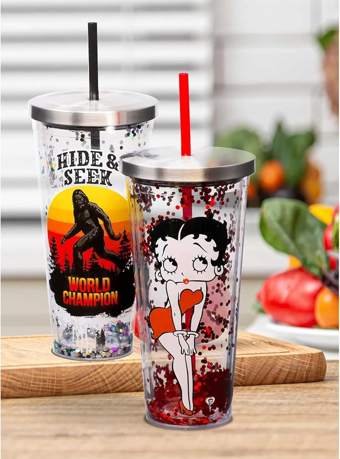 Spoontiques - Glitter Filled Acrylic Tumbler - Glitter Cup with Straw - 20 oz - Stainless Steel Locking Lid with Straw - Double Wall Insulated - BPA Free - Betty Boop