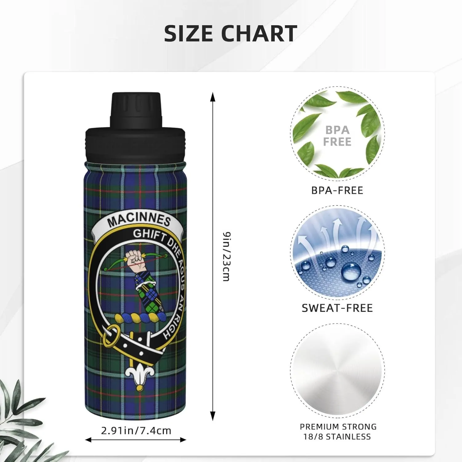 Sports Water Bottle Vacuum Insulated, MacInnes Modern Tartan Clan Badge Stainless Steel Double wall for Gym Travel 18 Oz