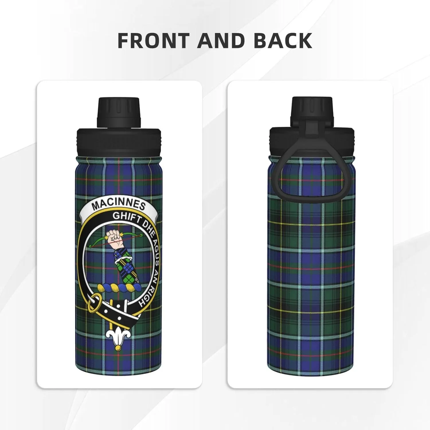 Sports Water Bottle Vacuum Insulated, MacInnes Modern Tartan Clan Badge Stainless Steel Double wall for Gym Travel 18 Oz