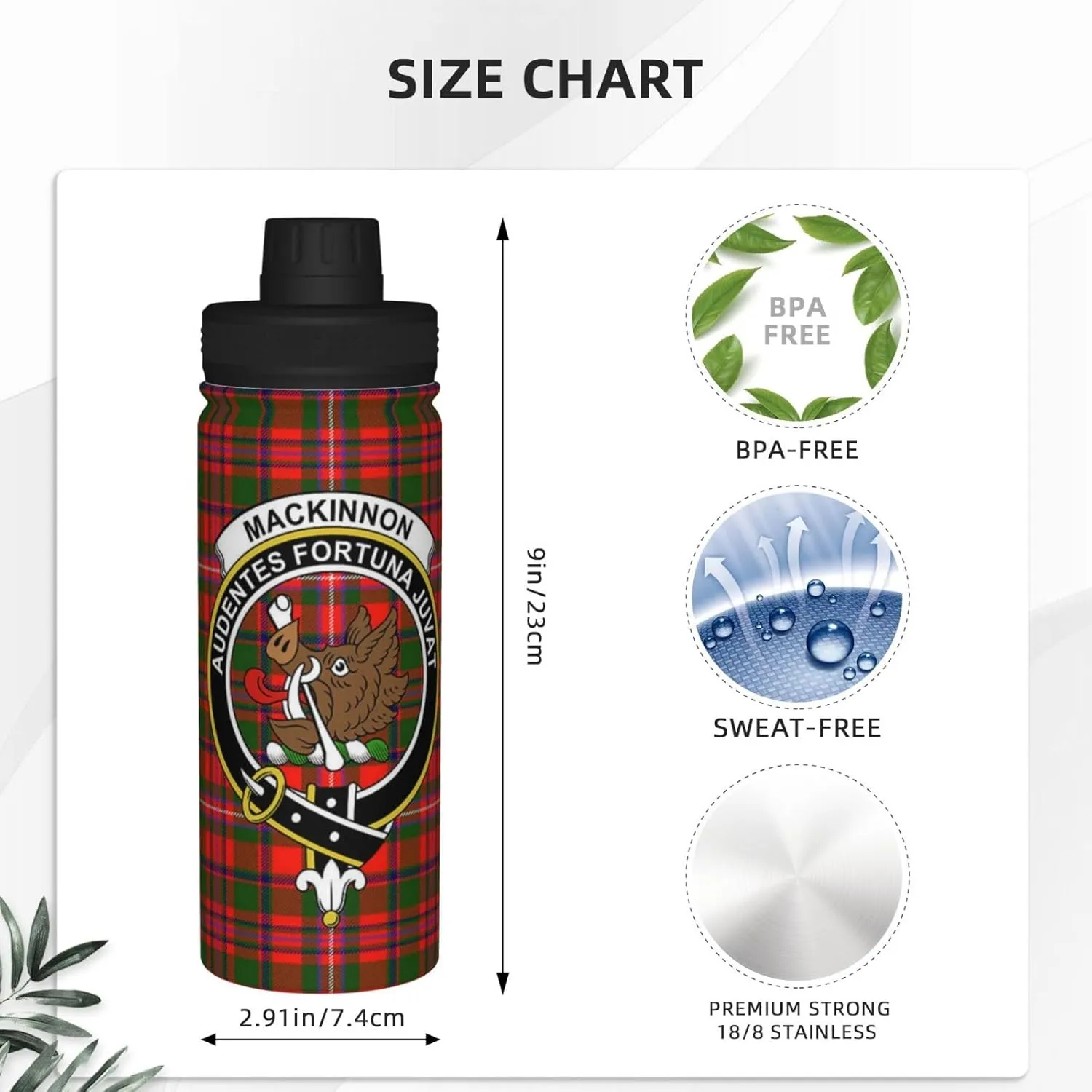 Sports Water Bottle Vacuum Insulated, Mackinnon Tartan Clan Badge Stainless Steel Double wall for Gym Travel 18 Oz