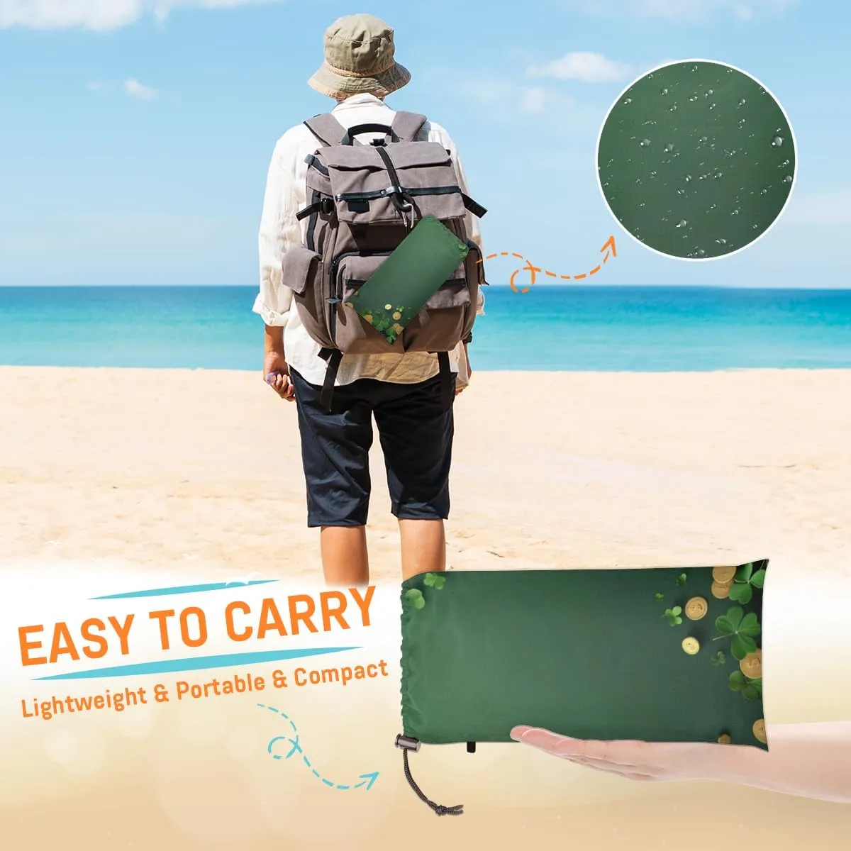 St. Patrick's Day Clover Beach Blanket, Sandproof Beach Mat, Adults Waterproof Quick Drying Sand Free Mat with 4 x Ground Spikes for Outdoor Travel Camping Hiking, Shamrocks