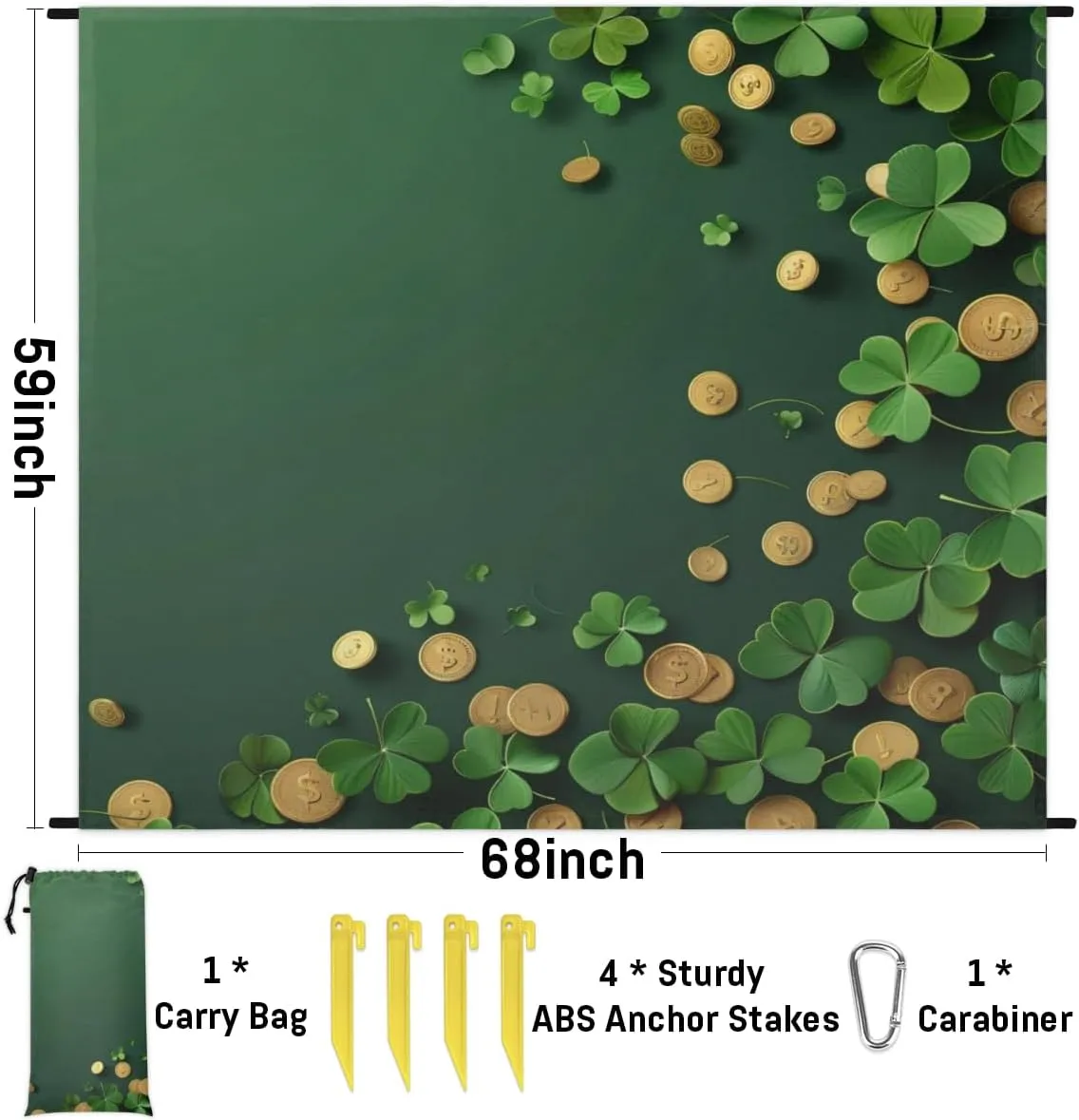 St. Patrick's Day Clover Beach Blanket, Sandproof Beach Mat, Adults Waterproof Quick Drying Sand Free Mat with 4 x Ground Spikes for Outdoor Travel Camping Hiking, Shamrocks