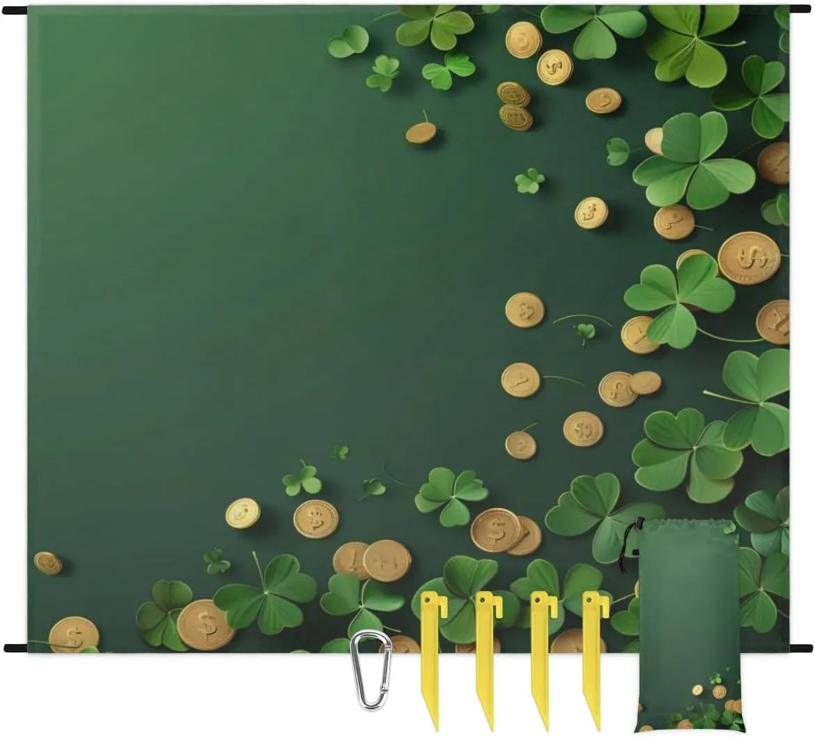 St. Patrick's Day Clover Beach Blanket, Sandproof Beach Mat, Adults Waterproof Quick Drying Sand Free Mat with 4 x Ground Spikes for Outdoor Travel Camping Hiking, Shamrocks