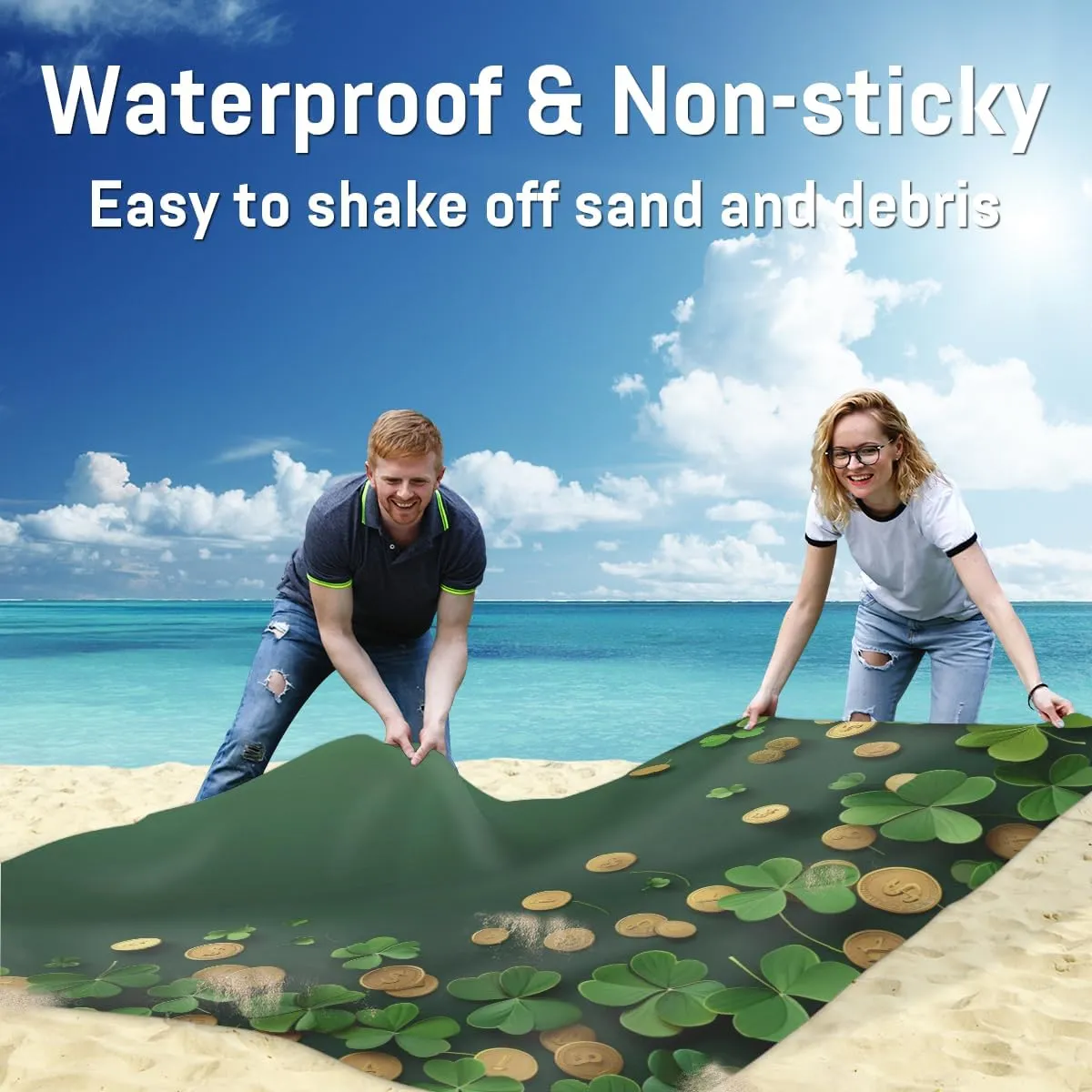 St. Patrick's Day Clover Beach Blanket, Sandproof Beach Mat, Adults Waterproof Quick Drying Sand Free Mat with 4 x Ground Spikes for Outdoor Travel Camping Hiking, Shamrocks