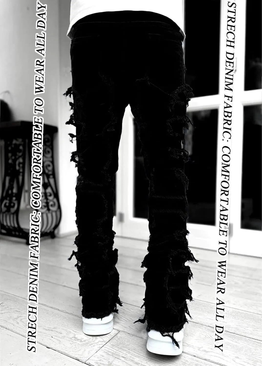 Stacked Jeans Men Skinny Ripped Jeans Slim Fit Patchwork Denim Pants Y2K Goth Harajuku Emo Hip Hop Jeans Trouser