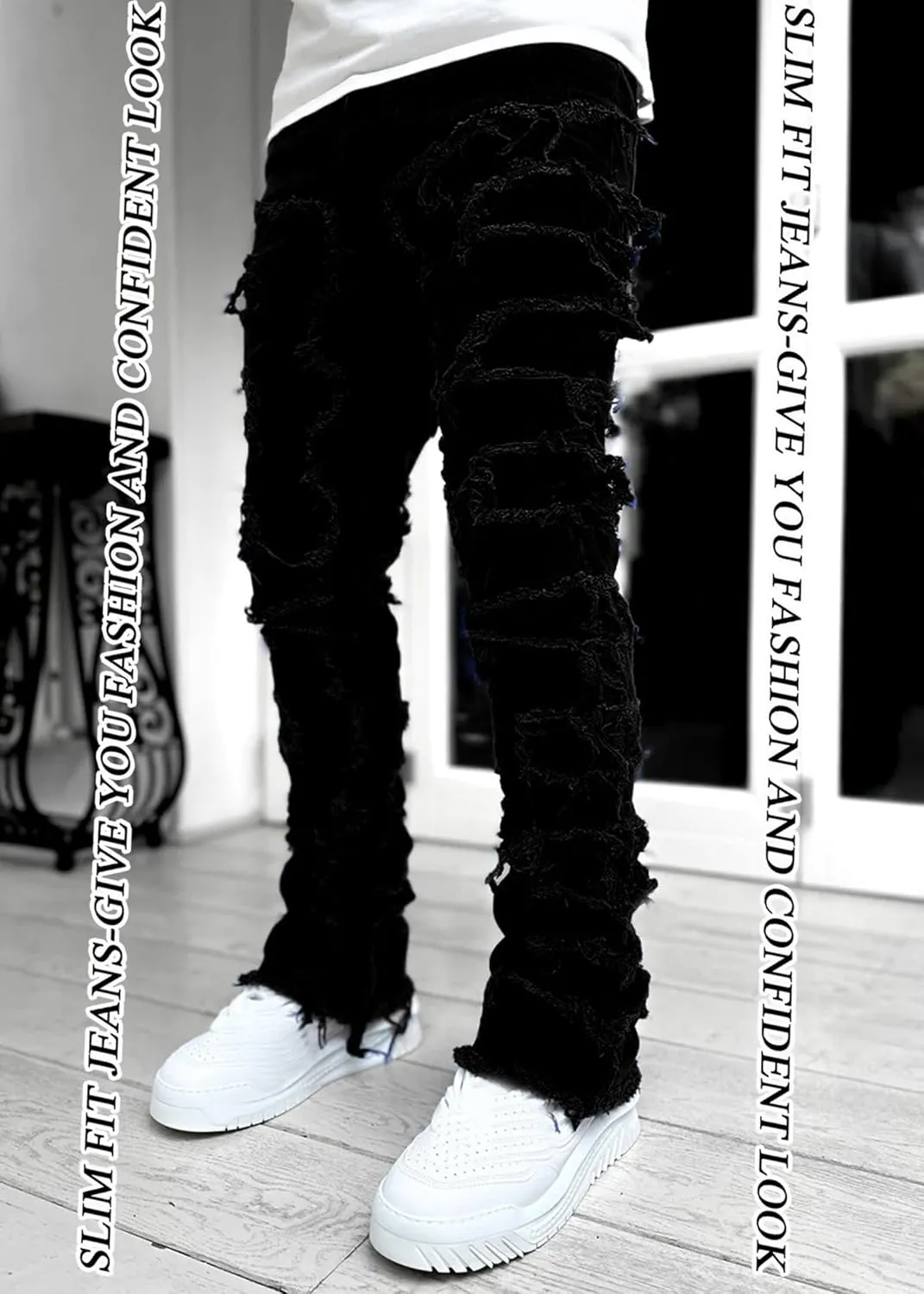Stacked Jeans Men Skinny Ripped Jeans Slim Fit Patchwork Denim Pants Y2K Goth Harajuku Emo Hip Hop Jeans Trouser