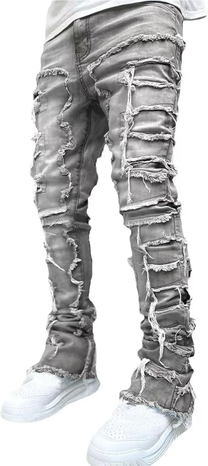 Stacked Jeans Men Skinny Ripped Jeans Slim Fit Patchwork Denim Pants Y2K Goth Harajuku Emo Hip Hop Jeans Trouser