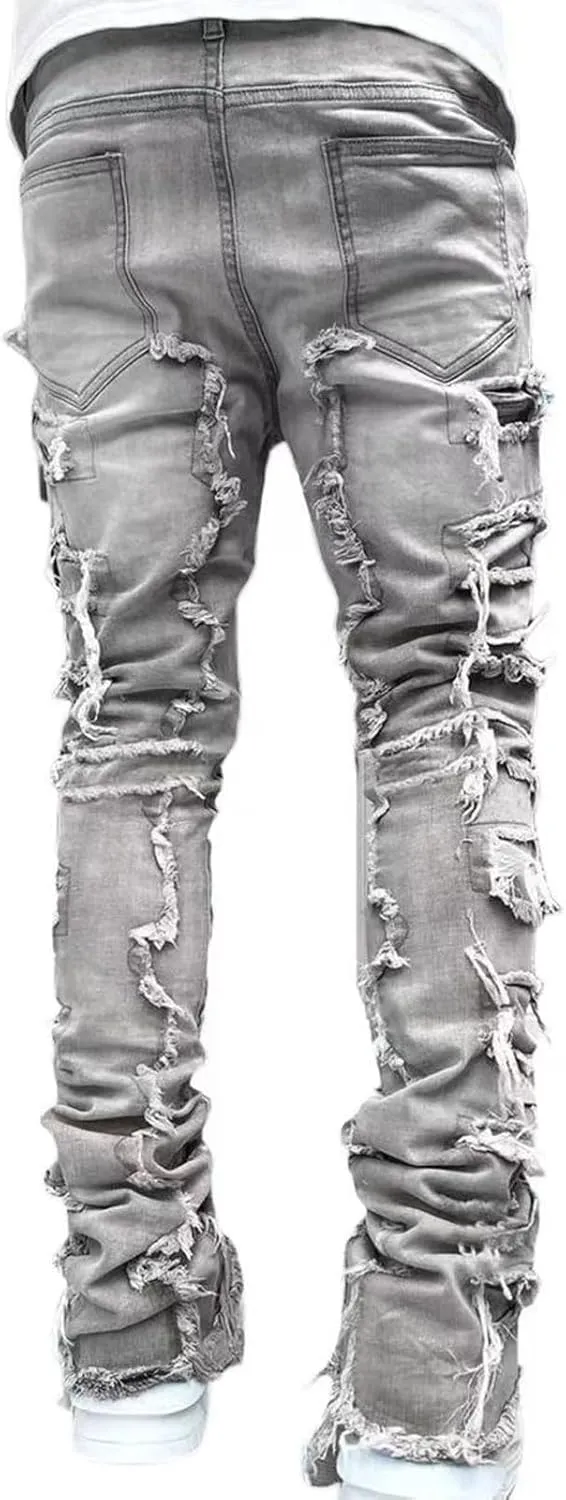 Stacked Jeans Men Skinny Ripped Jeans Slim Fit Patchwork Denim Pants Y2K Goth Harajuku Emo Hip Hop Jeans Trouser