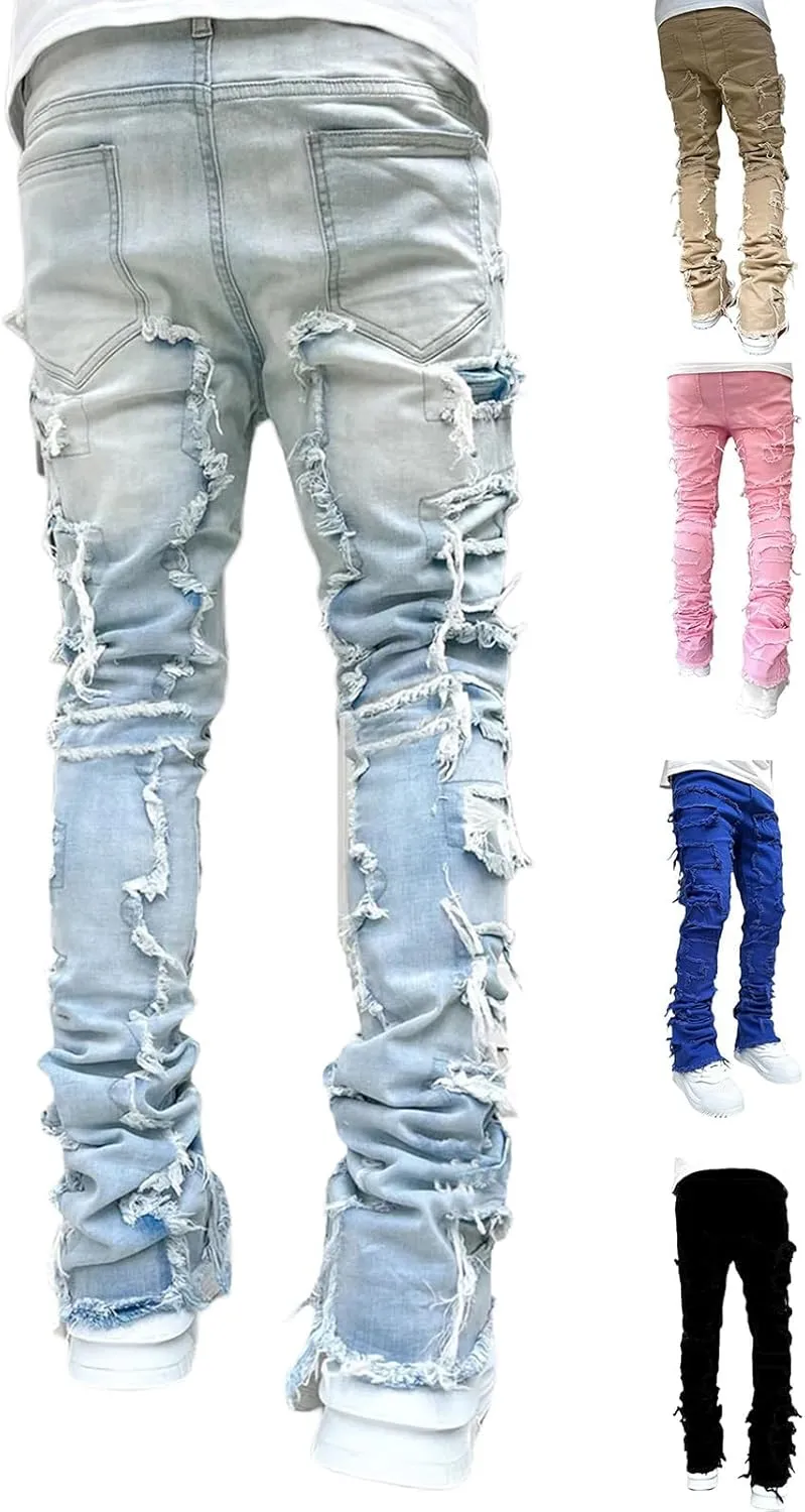 Stacked Jeans Men Skinny Ripped Jeans Slim Fit Patchwork Denim Pants Y2K Goth Harajuku Emo Hip Hop Jeans Trouser