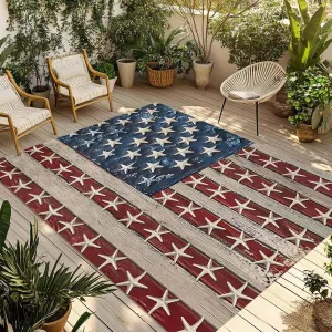 Starfish Flag Outdoor Rug 4x6ft Large Patio Rug,Washable RV Camping Outside Area Runner Rug Mat,Red Blue Vintage Abstract Star Striped Carpet for Picnic Backyard Deck Porch Balcony Beach & Indoor
