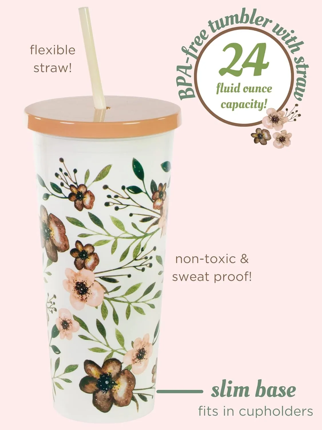 Steel Mill & Co 24 Ounce Tumbler with Lid and Reusable Straw, Double Wall Insulated Travel Cup, Woodland Floral
