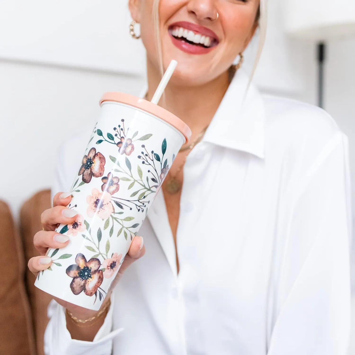 Steel Mill & Co 24 Ounce Tumbler with Lid and Reusable Straw, Double Wall Insulated Travel Cup, Woodland Floral