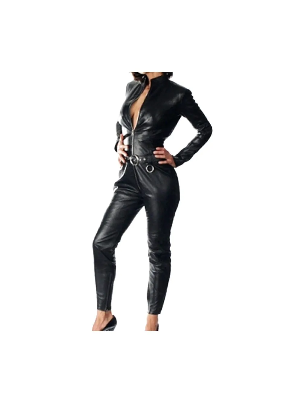Studded Elegance Deep V Leather Jumpsuit for Women