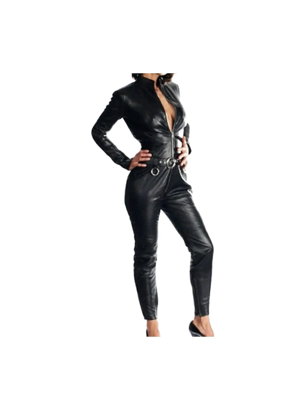 Studded Elegance Deep V Leather Jumpsuit for Women