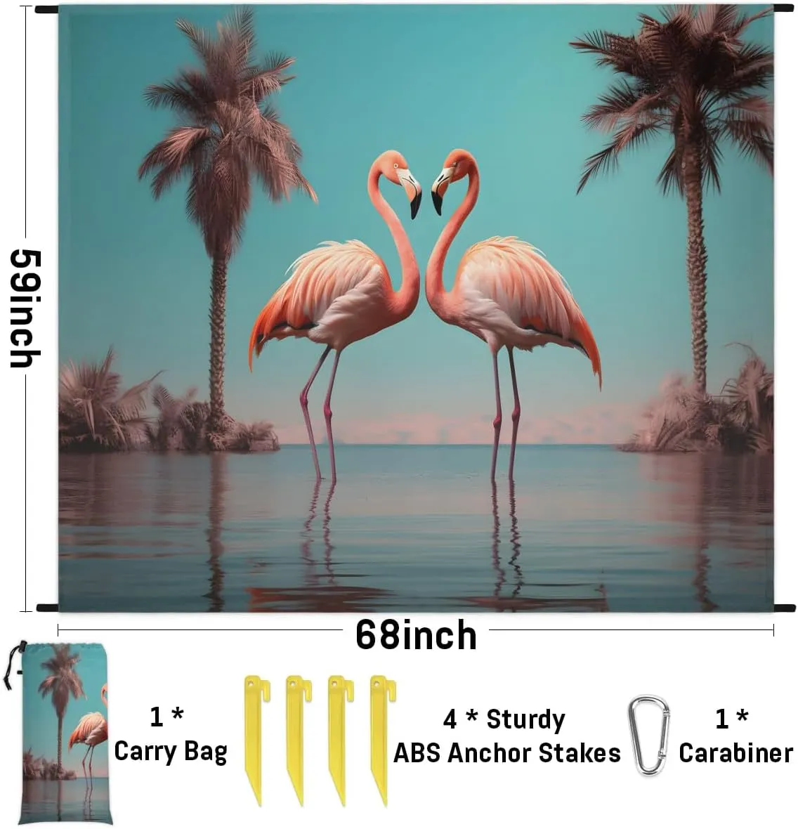 Summer Birds Beach Blanket, Sandproof Beach Mat, 68 x 59 Waterproof Quick Drying Sand Free Mat with 4 x Ground Spikes for Outdoor Travel Camping Hiking, Palm Tree