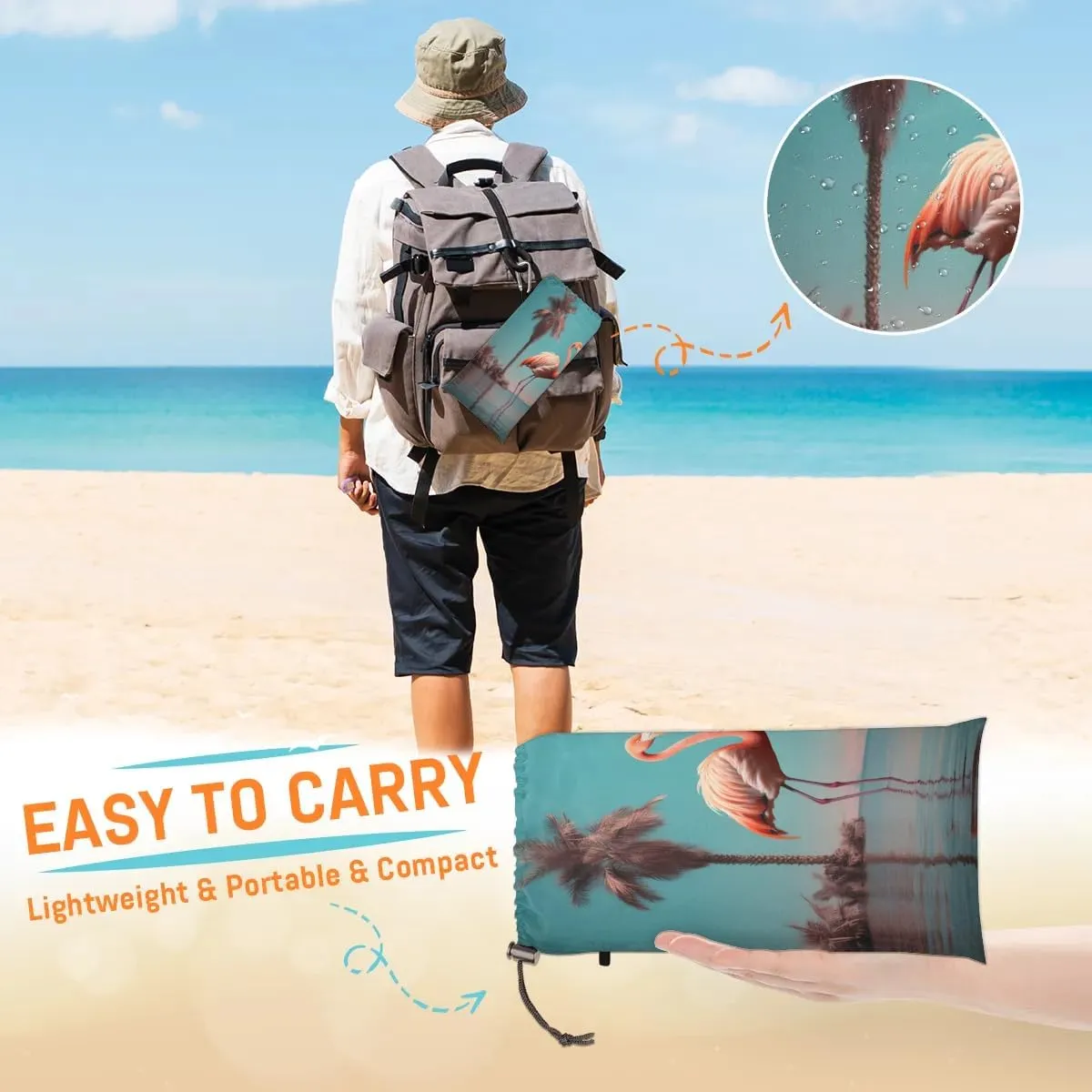 Summer Birds Beach Blanket, Sandproof Beach Mat, 68 x 59 Waterproof Quick Drying Sand Free Mat with 4 x Ground Spikes for Outdoor Travel Camping Hiking, Palm Tree