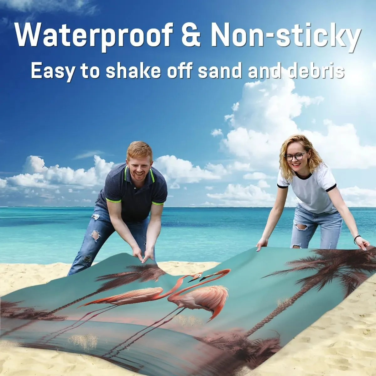 Summer Birds Beach Blanket, Sandproof Beach Mat, 68 x 59 Waterproof Quick Drying Sand Free Mat with 4 x Ground Spikes for Outdoor Travel Camping Hiking, Palm Tree